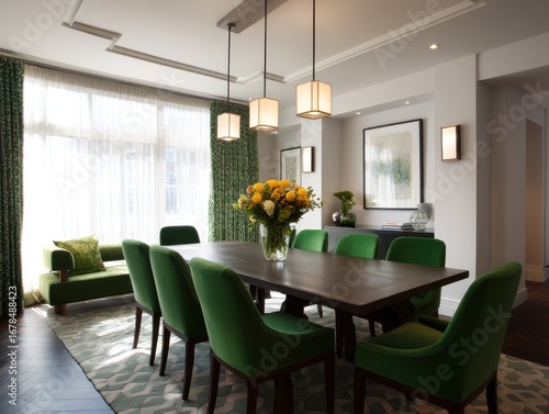 Green dining room with modern design.