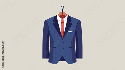 A blue suit jacket hanging on a hanger. The jacket is made of a dark blue material and has a collar. The jacket is hanging on a brown background