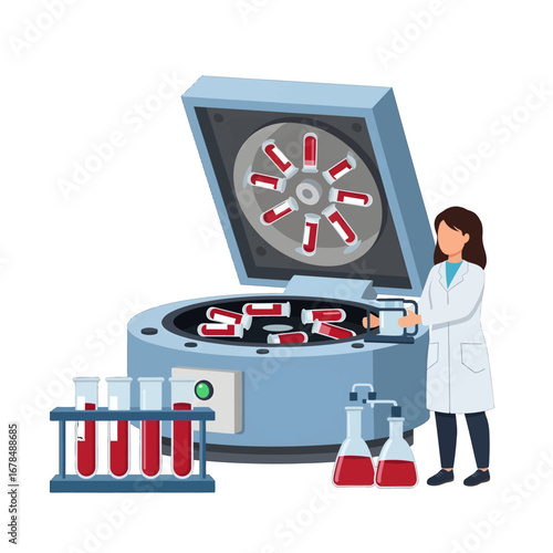 Illustration of Brunette Female Scientist in White Coat Analyzing Medical Blood Samples Using Laboratory Centrifuge and Test Tube Racks in Pixel Art Style
