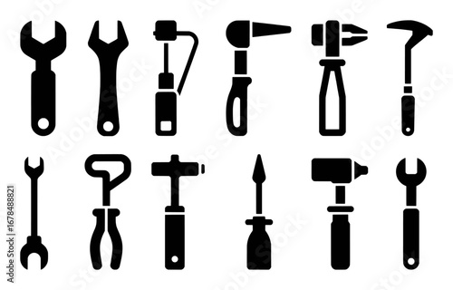 Collection of Black and White Icons of Various Hand Tools