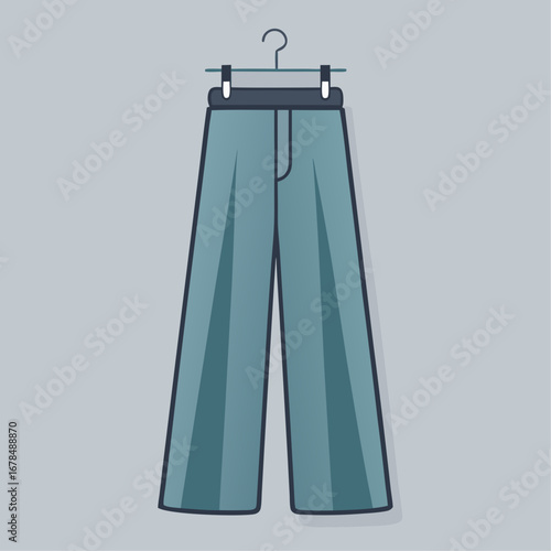 A pair of blue jeans hanging on a clothes hanger. The jeans are blue and have a white stripe down the middle