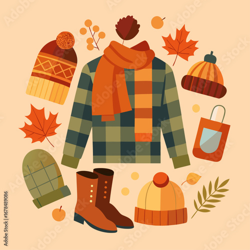 A collection of fall clothing and accessories, including hats, scarves, and boots. Concept of warmth and coziness, perfect for the chilly autumn months