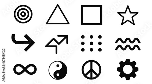 WebModern black symbols collection perfect for website design and user interfaces including a target, triangle, square, star, arrow, grid, wave, infinity, yin yang, peace, and gear