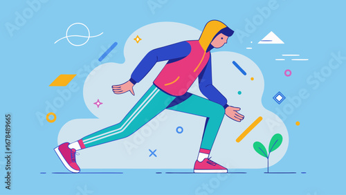 A woman in a red and blue jacket is running. The image has a bright and energetic mood, with the woman's smile and the colorful clothing