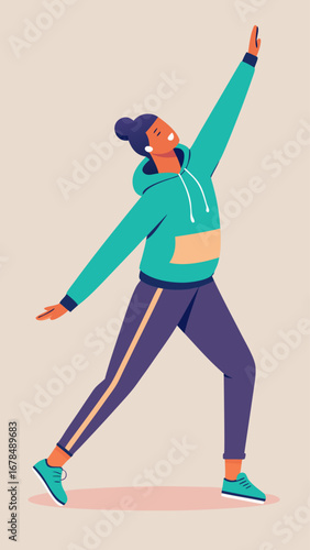 A woman in a red and blue jacket is running. The image has a bright and energetic mood, with the woman's smile and the colorful clothing