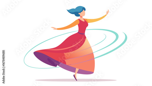 A woman in a green dress is dancing in the air. The dress is long and flowing, and the woman's hair is styled in a way that it looks like it's flying. Scene is one of joy and freedom