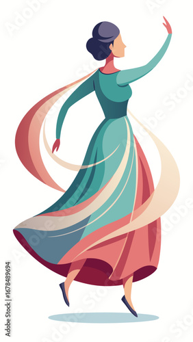 A woman in a green dress is dancing in the air. The dress is long and flowing, and the woman's hair is styled in a way that it looks like it's flying. Scene is one of joy and freedom