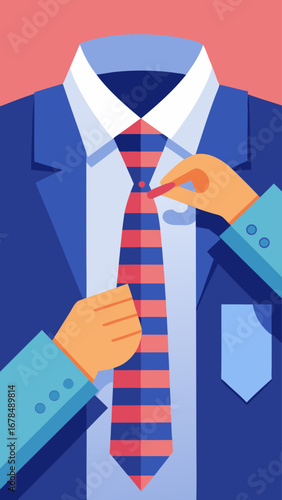 A man is wearing a blue shirt and a red tie. He is adjusting the tie and it appears that he is trying to tie it in a unique way. Concept of creativity and individuality