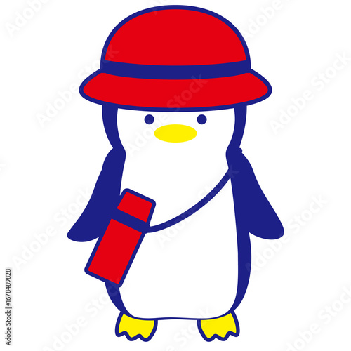 penguin with red hat and water bottle