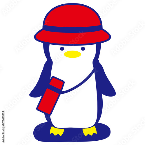 penguin with red hat and water bottle