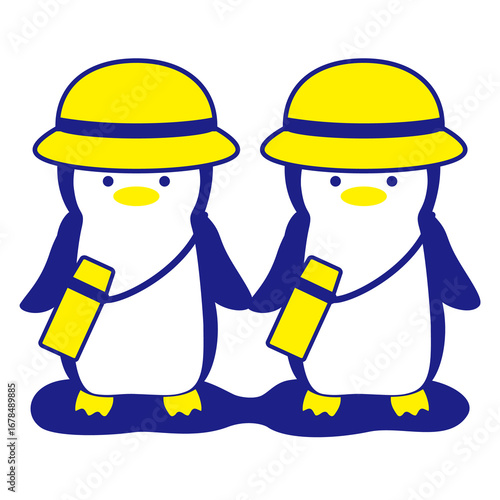 twin penguin with yelllow hat and water bottle