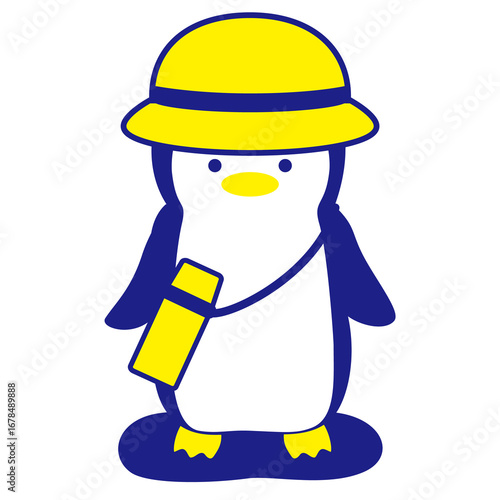 penguin with yelllow hat and water bottle