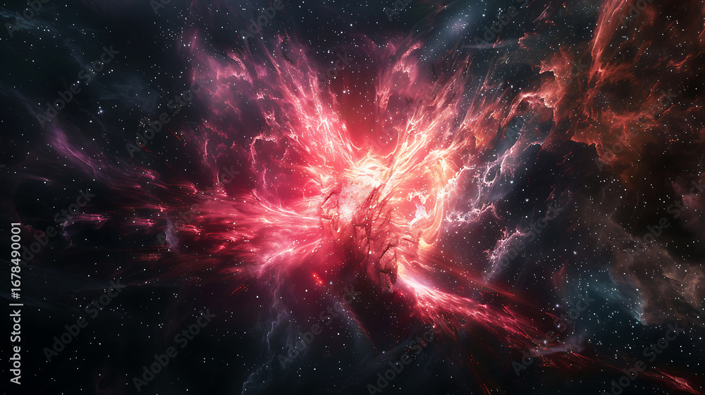 Fototapeta premium Cosmic Nebula Burst: An Exploration of Space with Red Light, Shimmering Starfields, and Abstract Energetic Celestial Formation.