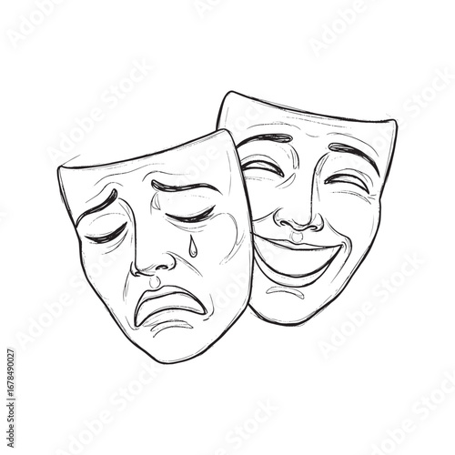 Comedy and tragedy theatrical masks, a minimalist line art sketch. Symbol of drama, duality of emotions, happiness versus sadness. Hand-drawn illustration for psychology or arts concept.
