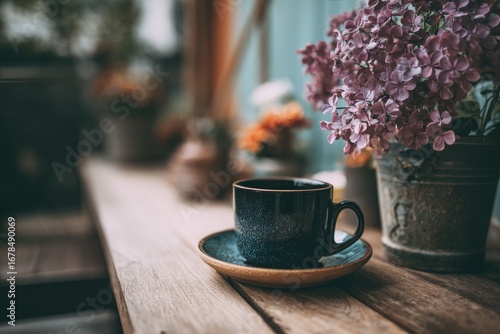 Cozy coffee scene on a wooden patio