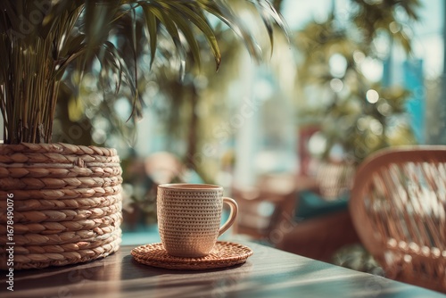 Coffee cup on a table with plants