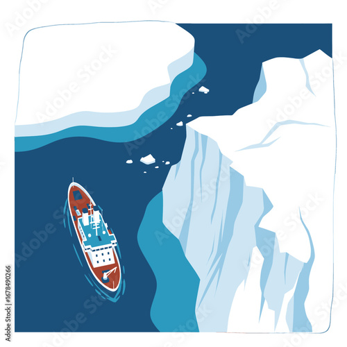 Illustration of a Ship Sailing near Icebergs on the Arctic Ocean in Shades of Blue White and Red