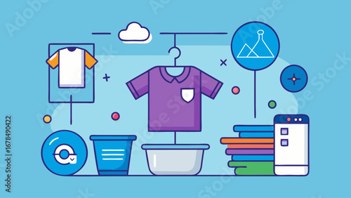 A graphic of clothing items and a shopping bag with a circular design. The clothing items include a shirt, a tie, and a pair of shoes. The shopping bag is placed in the center of the image