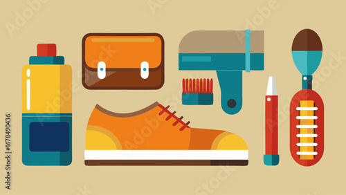 A shoe is surrounded by a variety of shoe care products, including a brush, a can of shoe polish, and a bottle of shoe cream. Concept of taking care of one's shoes