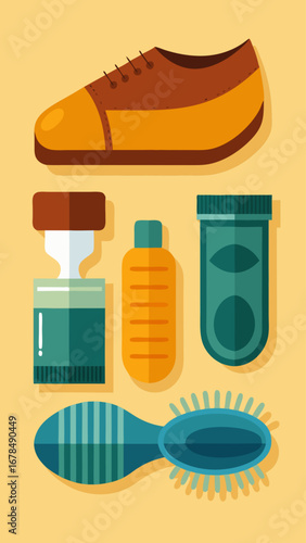 A shoe is surrounded by a variety of shoe care products, including a brush, a can of shoe polish, and a bottle of shoe cream. Concept of taking care of one's shoes