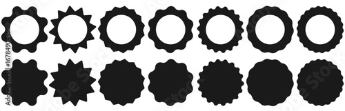 Vector image of geometric shapes with wavy edges in a zigzag shape with jagged edges. Set of stickers in the form of an oval and a circle, rectangle, square. Abstract elements for your design, frames,