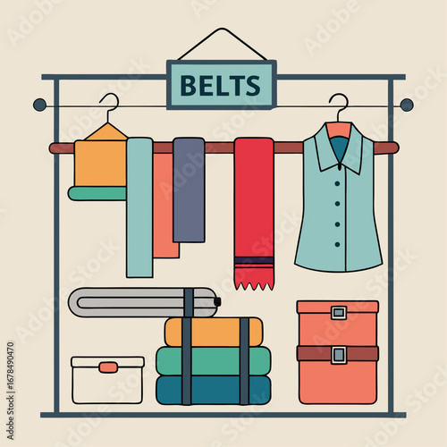 A closet with clothes hanging on the rack. The clothes are neatly folded and organized. The closet is filled with various types of clothing, including shirts, pants, and a scarf