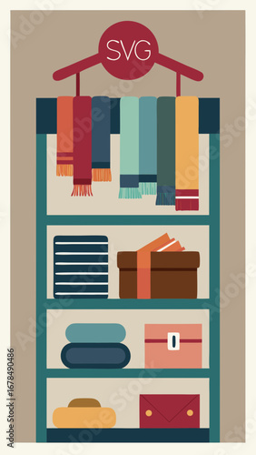 A closet with clothes hanging on the rack. The clothes are neatly folded and organized. The closet is filled with various types of clothing, including shirts, pants, and a scarf