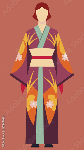 A woman in a kimono is wearing a flower patterned dress. The dress is red and blue with white flowers. The woman is standing in front of a blue background