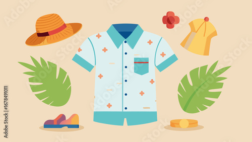 A tropical themed outfit with a hat, sunglasses, and a pair of shorts. The outfit is yellow and blue