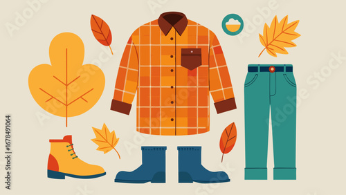 A cartoon drawing of a man wearing a plaid shirt and pants with a pair of boots. The drawing also includes a leaf and a pair of shoes