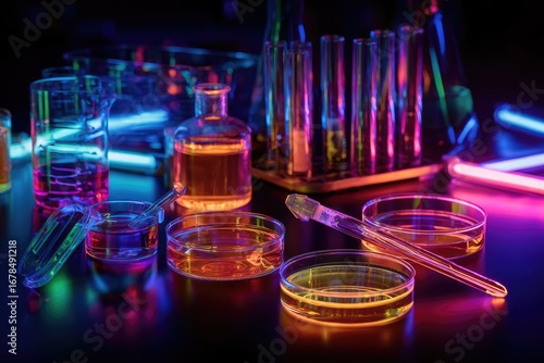 Colorful lab equipment under neon light