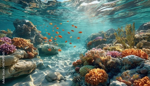 Wallpaper Mural Underwater coral reef teeming with fish. Sunlight filters through clear water Torontodigital.ca