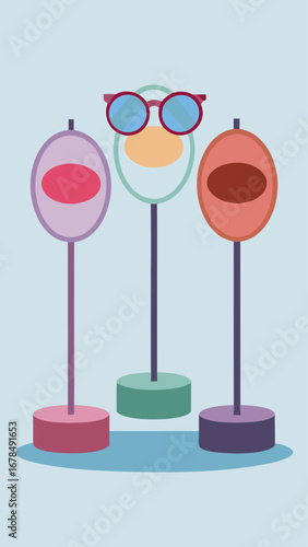 Three glasses with different colors and sizes are standing on a blue background. The glasses are arranged in a row, with the tallest one on the left, the middle one in the middle