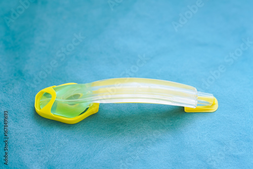 I-gel supraglottic airway tube (size 3) placed on a green background, medical device used for airway management, anesthesia, and emergency resuscitation in hospitals and prehospital care.