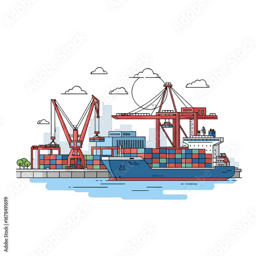 Coastal Shipping Harbor Scene with Cargo Ship Cranes and Containers in Blue and Red on Light Blue Water