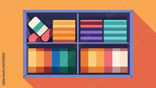 A colorful quilt is displayed in a closet. The quilt is made up of many different colors and patterns, and it is folded up and placed on a shelf. The closet is organized and tidy