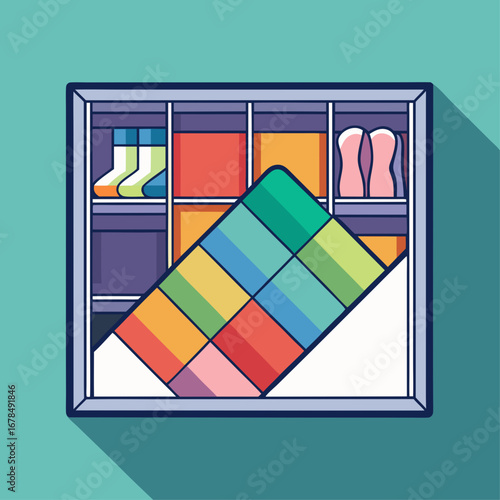 A colorful quilt is displayed in a closet. The quilt is made up of many different colors and patterns, and it is folded up and placed on a shelf. The closet is organized and tidy