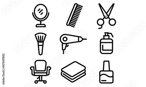 WebChic salon essentials icons including mirror, comb, scissors, brush, hairdryer, lotion, chair, towels, and nail polish for your next beauty or lifestyle project