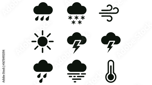 WebWeather forecast icons depicting sunny skies, rain, snow, wind, lightning storms, fog, and temperature changes for use in apps, websites, and weather related design projects