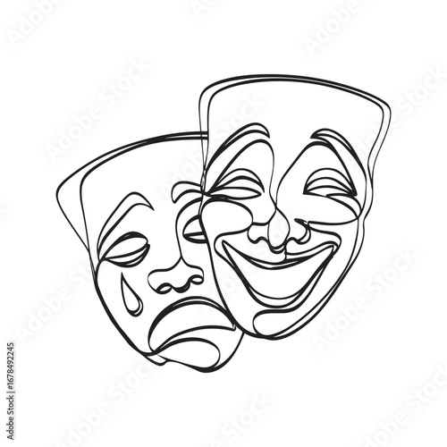 Comedy and tragedy theatrical masks, a minimalist line art sketch. Symbol of drama, duality of emotions, happiness versus sadness. Hand-drawn illustration for psychology or arts concept.
