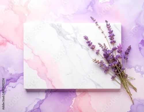 Elegant flat lay of white marble slab with watercolor gradient wash in lavender and blush, photorealistic design background with copy space