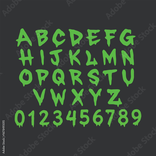 Green Slime Drip Font with Uppercase Letters and Numbers. Spooky Display Typeface for Halloween Posters, Horror Titles, Monster Party Invitations, Creepy Branding, and Slime-Themed Typography Project