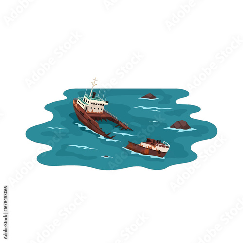 Sunken Pixel Shipwreck in Teal Ocean Waters Featuring Retro Nautical Maritime Disaster Illustration