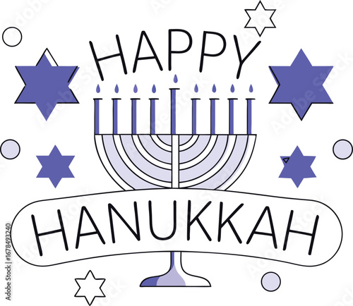 Festive hanukkah celebration with menorah, stars of david, and holiday greetings