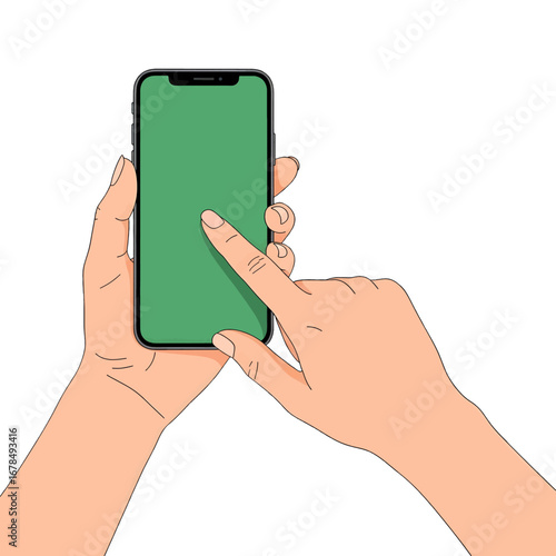 Illustration of Hands Holding and Touching Green Screen Smartphone for App Interface Mockup on White Background