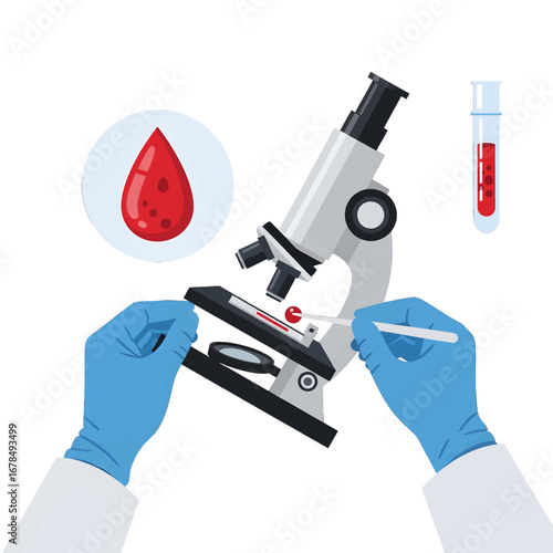 Close Up Medical Microscope with Blood Sample Test Tube and Blue Gloves in a White Background