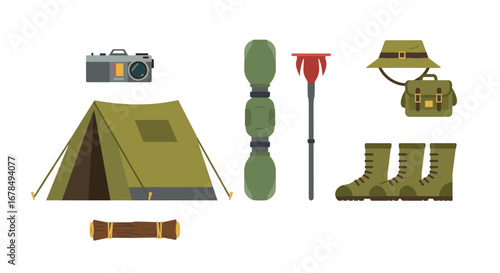 Camping essentials kit: tent, gear, and accessories in flat style design