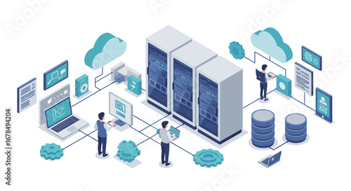 Isometric data center network with cloud computing and it professionals