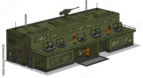 Isometric military command center building with soldiers and equipment