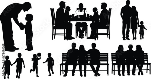  Silhouettes of families and friends spending time together, walking, dining, sitting, bonding, parenting, social interaction, love, relationships, lifestyle illustration design